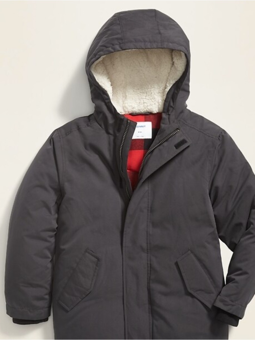 Old Navy Kids Gray Hooded Puffer Jacket with Red Buffalo-Check Lining Size XS(5)